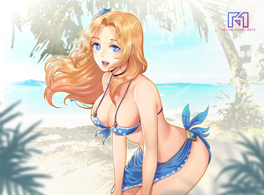 1girl, bikini, blonde_hair, blue_bikini, blue_eyes, breasts, choker, day, erect_nipples, king's_raid, large_breasts, leaning_forward, lips, looking_at_viewer, ocean, open_mouth, outdoors, sarong, solo, strap_gap, summer, swimsuit, watermark, web_address, wind, zuriel