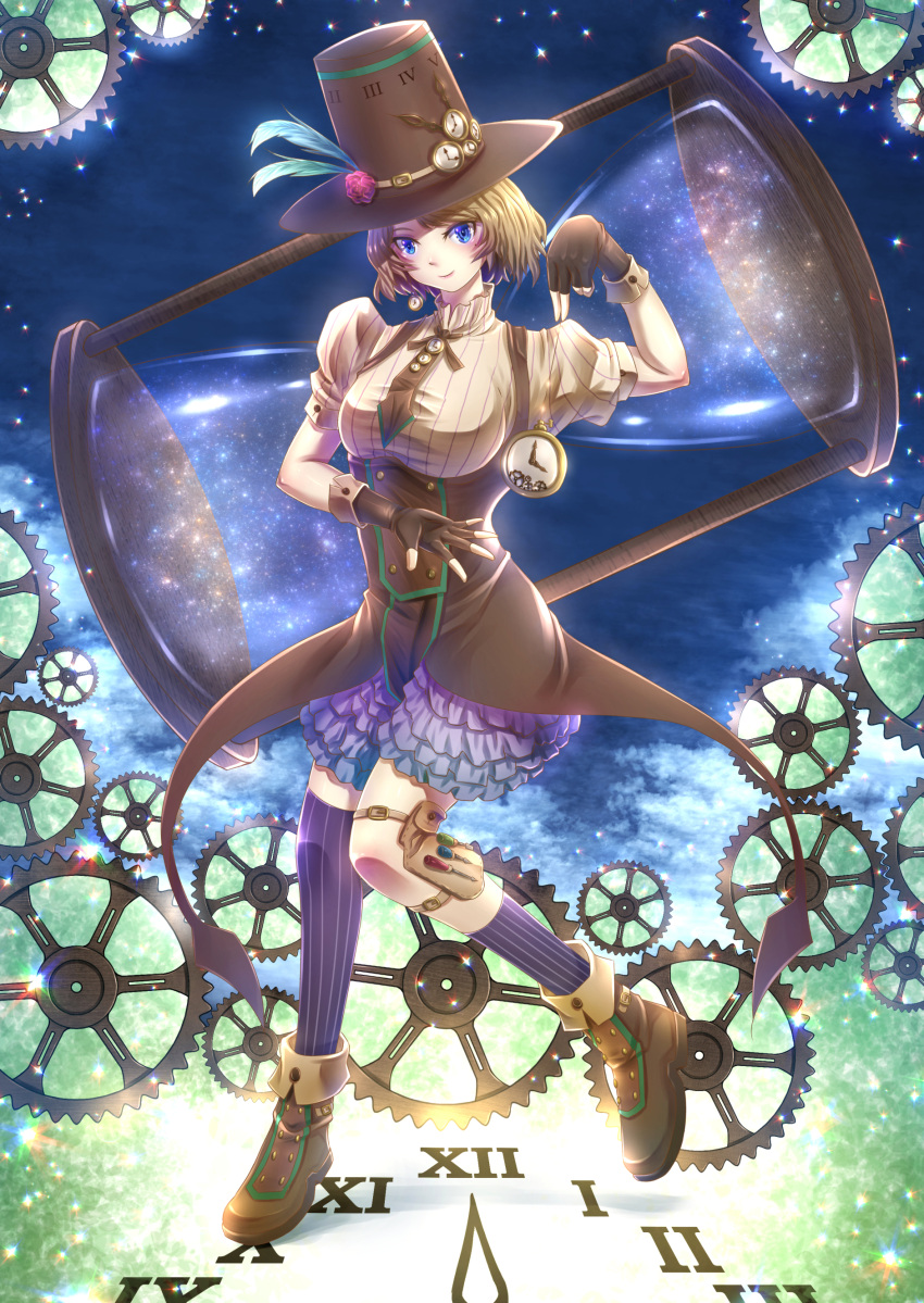 1girl, absurdres, black_gloves, black_legwear, blue_eyes, blush, brown_hair, brown_hat