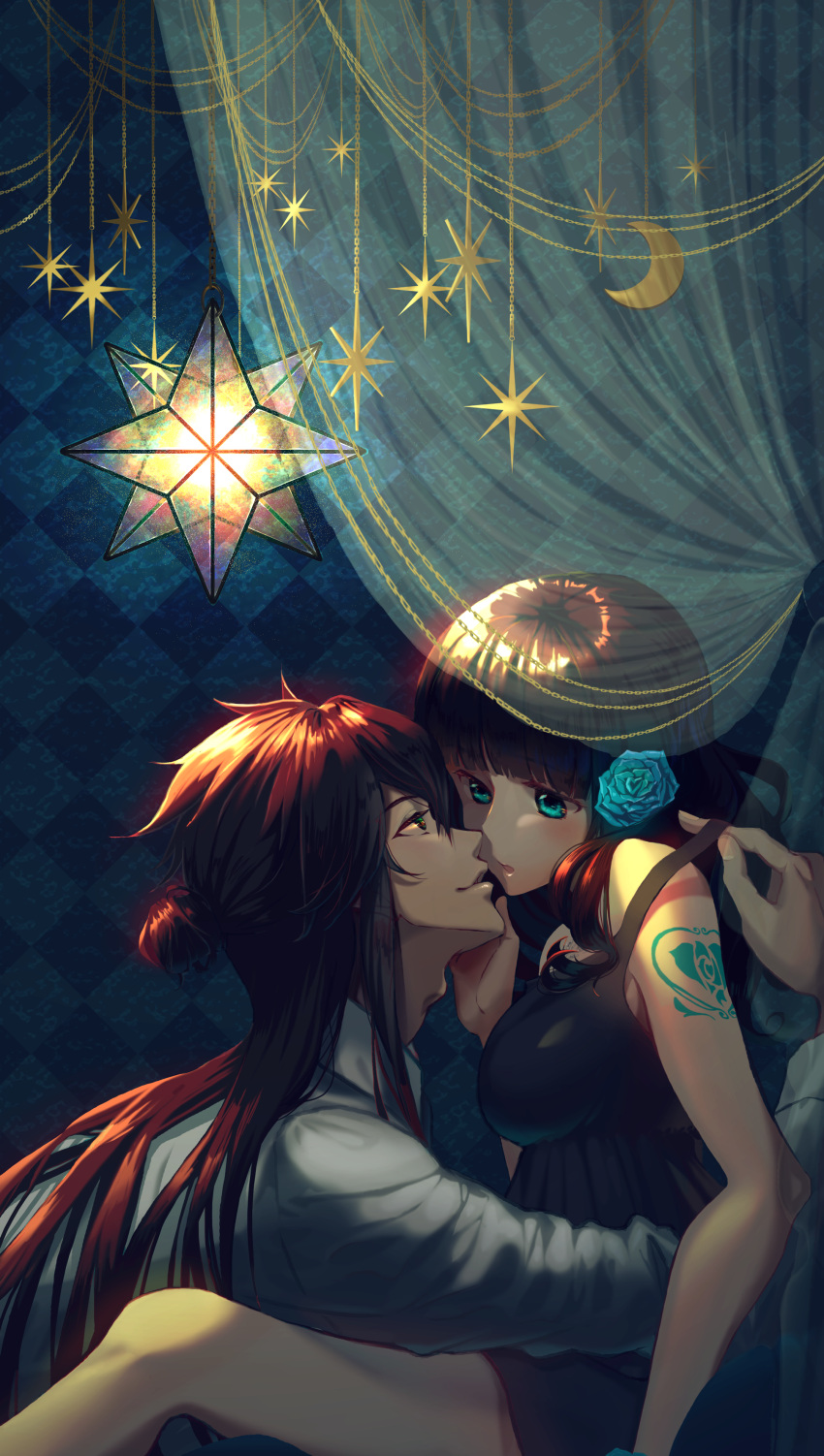 1boy, 1girl, absurdres, adam's_apple, black_dress, blue_eyes, breasts, brown_eyes, brown_hair, cardia_beckford, code:realize, dress, eye_contact, hair_bun, hetero, highres, imminent_kiss, impicane_barbey, long_hair, looking_at_another, medium_breasts, senra_(sen_1022), star, strap_pull, tattoo