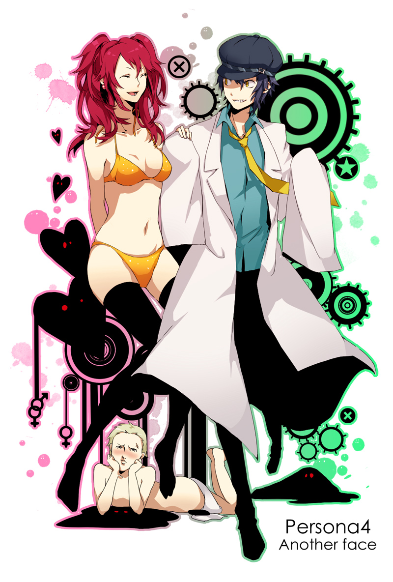 2girls, arisaka_ako, bad_id, bikini, black_legwear, black_thighhighs, blonde_hair, blue_hair, blush, cabbie_hat, closed_eyes, grin, hat, heart, kujikawa_rise, labcoat, multiple_girls, necktie, persona, persona_4, red_hair, reverse_trap, shadow_naoto, shirogane_naoto, smile, swimsuit, tatsumi_kanji, thigh-highs, thighhighs, toothy_grin, twintails, yellow_eyes