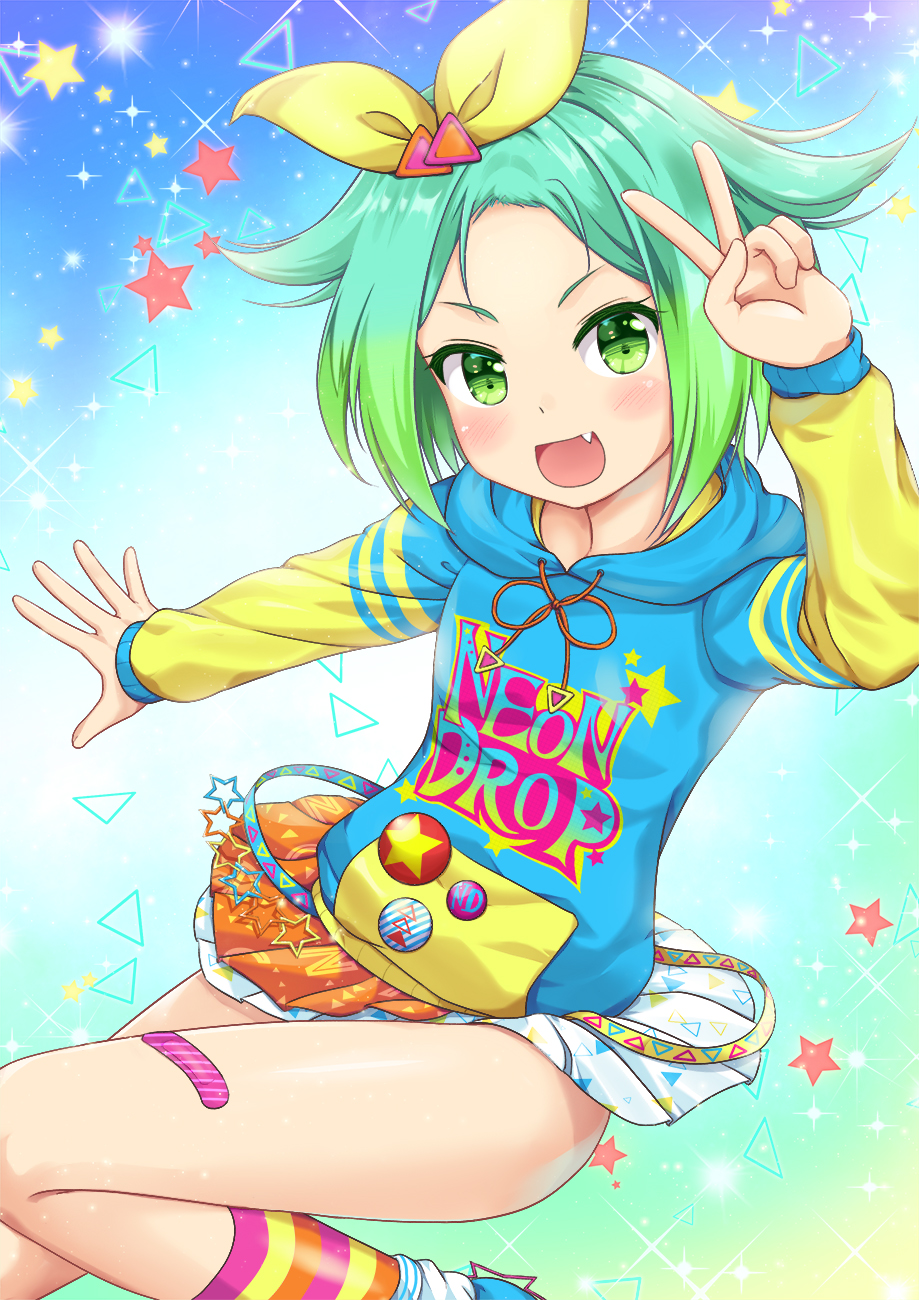 >:d, 1girl, :d, aqua_hair, badge, bandaid, clothes_writing, commentary_request