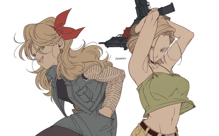 2girls, android_18, arms_up, artist_name, belt, black_shirt, blonde_hair, blue_eyes