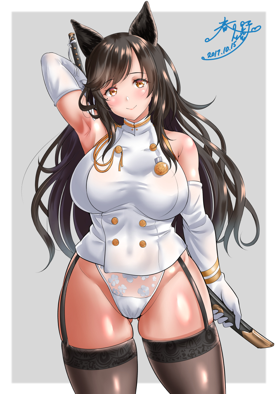 1girl, animal_ears, arm_up, armpits, atago_(azur_lane), azur_lane, bangs, bare_shoulders