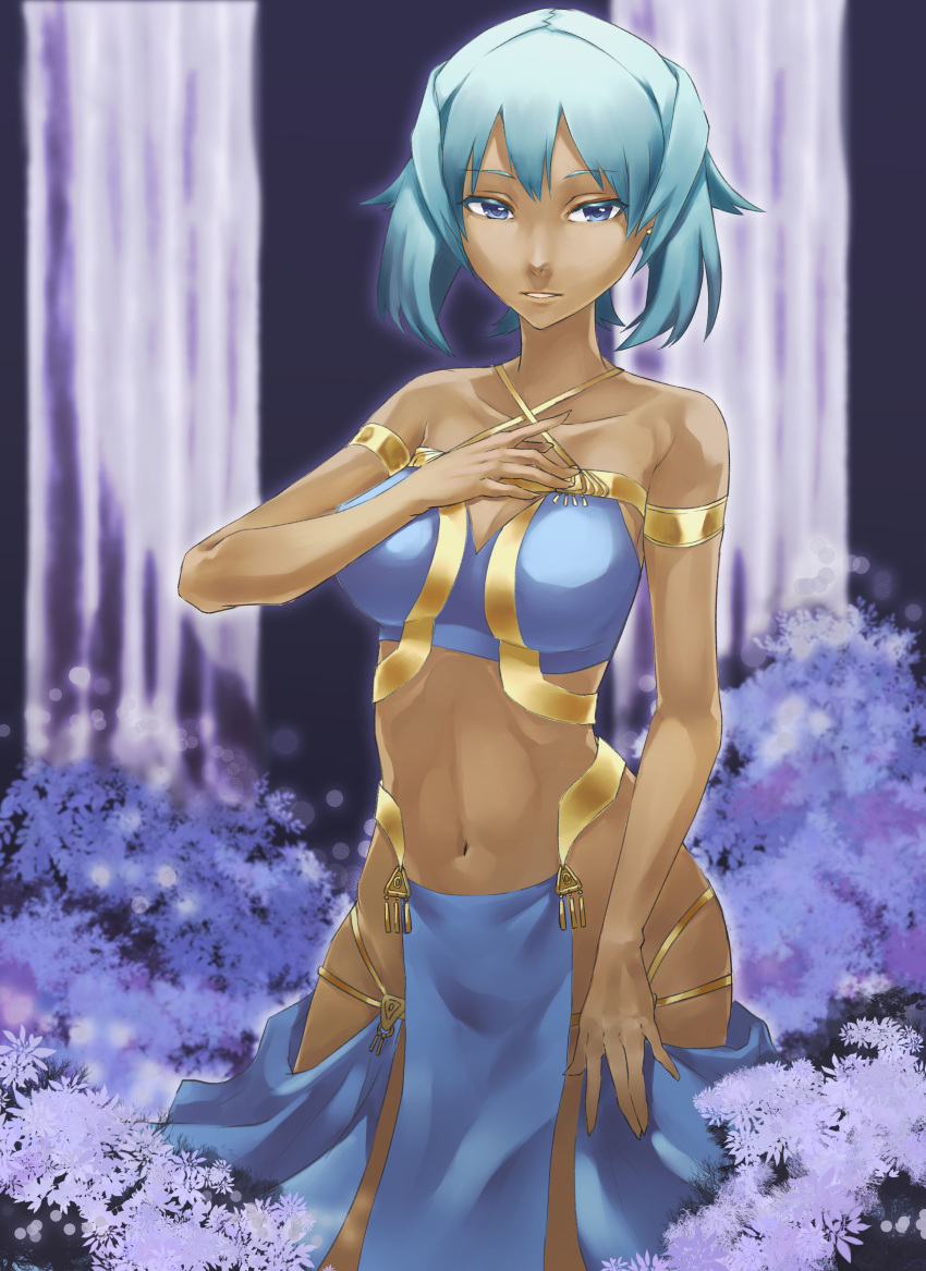 1girl, absurdres, akatsuki_suzumi, blue_eyes, blue_hair, bustier, criss-cross_halter, dark_skin, gold, halterneck, hand_on_own_chest, highres, looking_at_viewer, navel, no_panties, original, parted_lips, pelvic_curtain, short_hair, skirt, solo