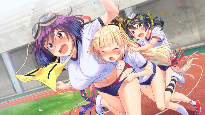 3girls, :o, bangs, black_hair, blue_hair, blunt_bangs, blush, breasts