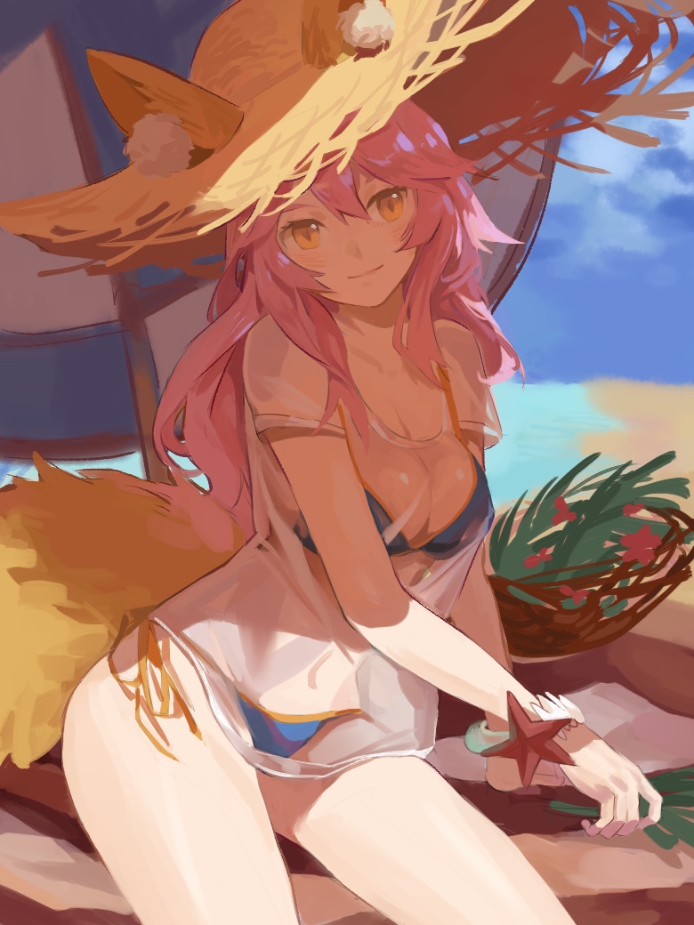 1girl, animal_ears, beach, bikini, blue_bikini, blush, breasts, cleavage