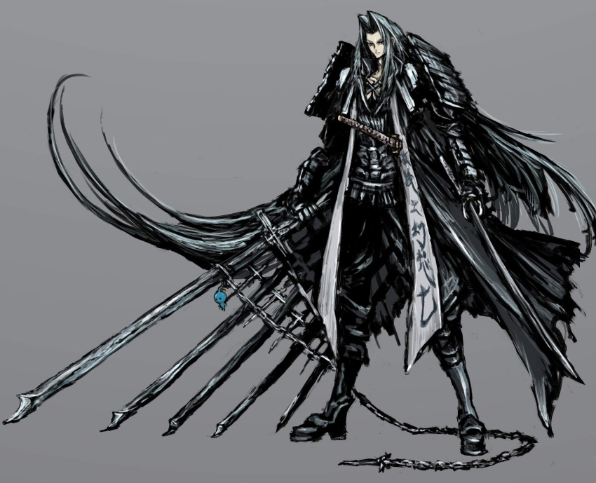 1boy, armor, brown_hair, chain, chains, dual_wielding, final_fantasy, final_fantasy_vii
