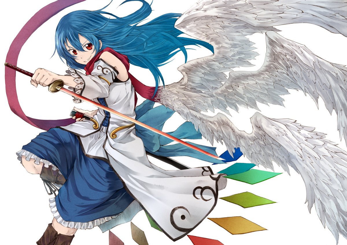 1girl, adapted_costume, blue_hair, boots, detached_sleeves, feathered_wings, grin, headwear_removed, hinanawi_tenshi, judo_fuu, katana, long_hair, looking_at_viewer, multiple_wings, red_eyes, scarf, skirt, smile, solo, sword, touhou, weapon, white_background, white_wings, wings