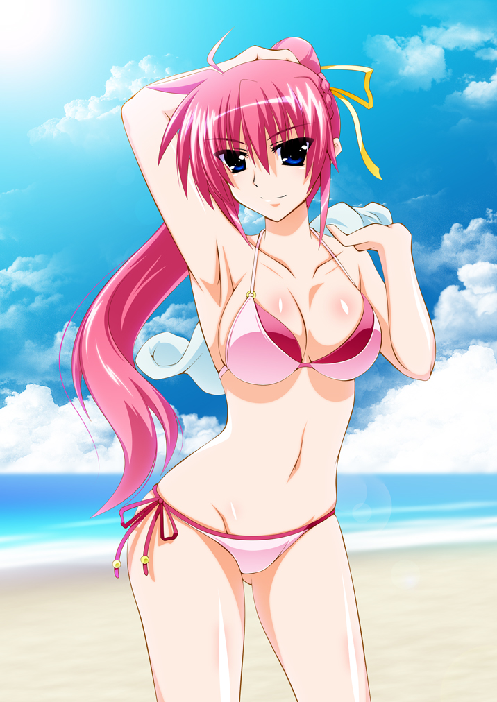 1girl, beach, bikini, blue_eyes, blue_sky, clouds, cowboy_shot, engo_(aquawatery), hair_ornament, hair_ribbon, looking_at_viewer, lyrical_nanoha, mahou_shoujo_lyrical_nanoha_strikers, medium, outdoors, pink_bikini, pink_hair, ponytail, ribbon, side-tie_bikini, signum, sky, solo, swimsuit, x_hair_ornament, yellow_ribbon