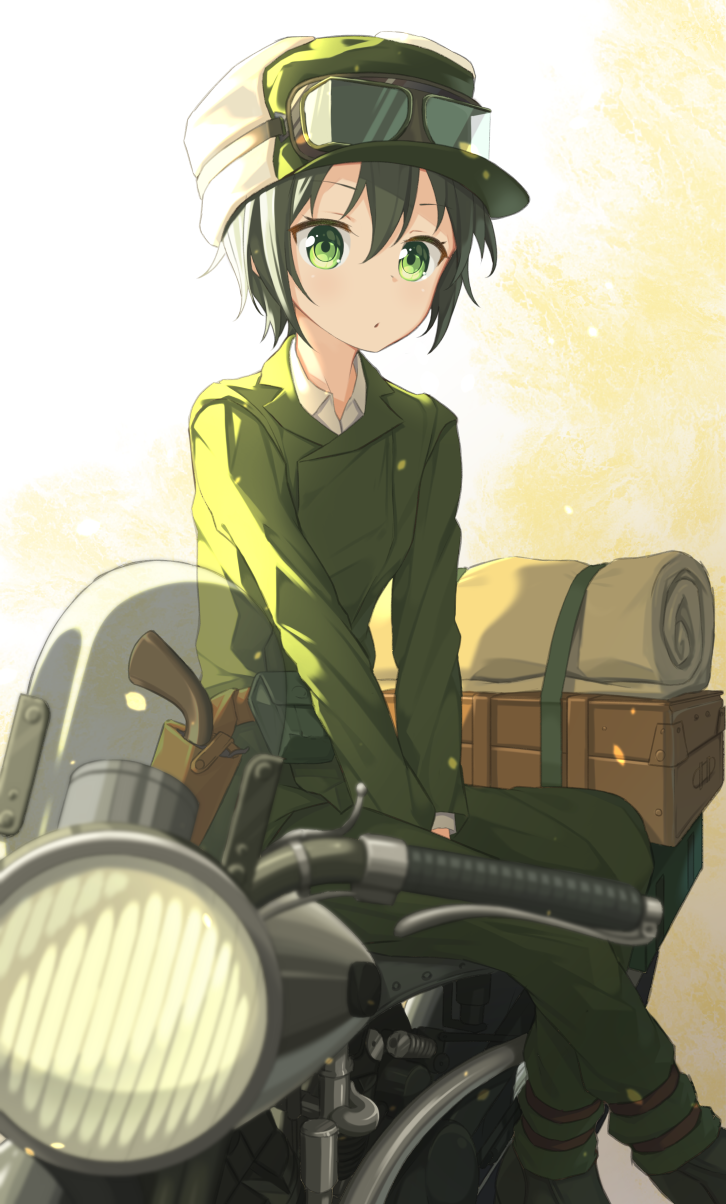 1girl, :o, androgynous, black_hair, goggles, goggles_on_headwear, green_eyes, green_jacket