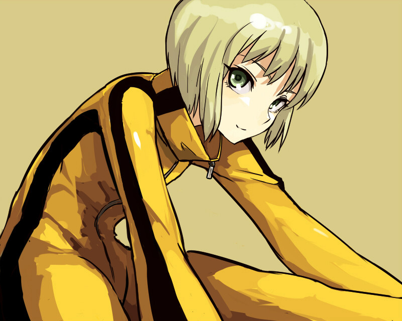 1girl, blonde_hair, bruce_lee's_jumpsuit, full-length_zipper, fushoku, green_eyes, huang_baoling, looking_at_viewer