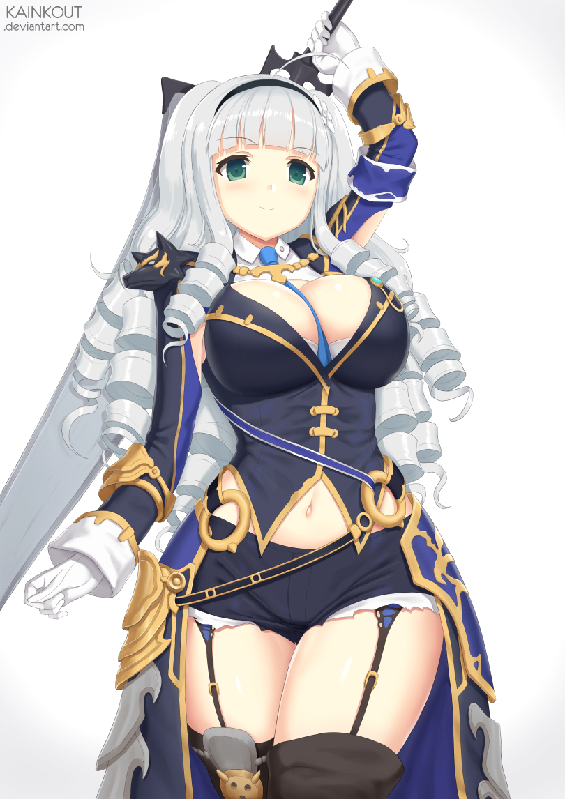1girl, ahoge, bangs, between_breasts, black_legwear, blue_neckwear, blunt_bangs, blush