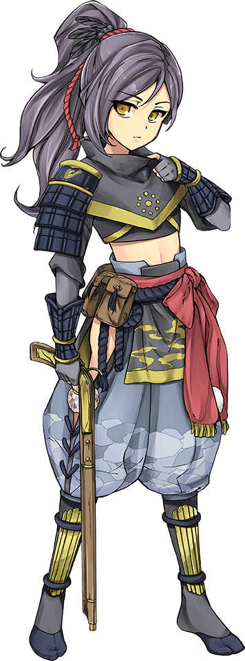 1girl, antique_firearm, ayasugi_tsubaki, fingerless_gloves, firearm, full_body, gloves, gun, holding, holding_gun, holding_weapon, long_hair, looking_at_viewer, midriff, navel, official_art, oshiro_project, oshiro_project_re, ponytail, purple_hair, saika_(oshiro_project), solo, transparent_background, weapon, yellow_eyes
