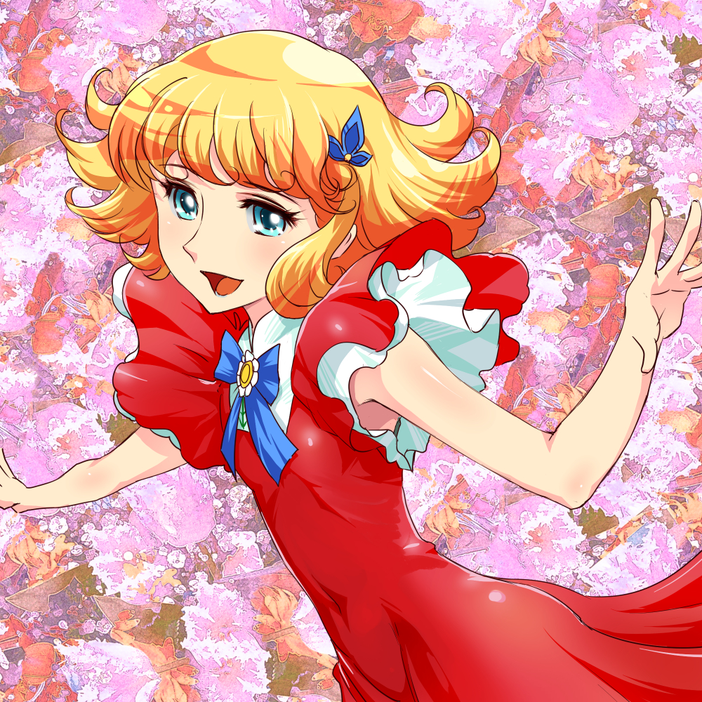 1girl, bangs, blonde_hair, blue_eyes, bow, covered_navel, curly_hair, dress