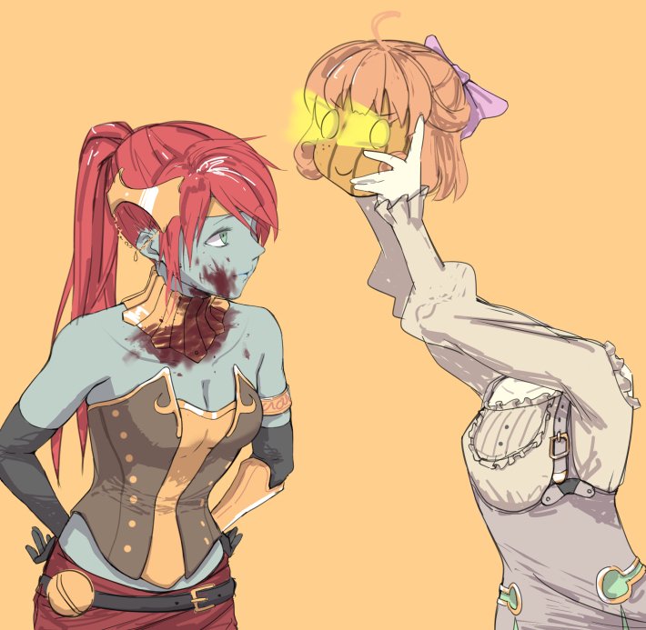 2girls, blood, blood_on_face, blood_splatter, blue_skin, chickenonrice, commentary_request, halloween