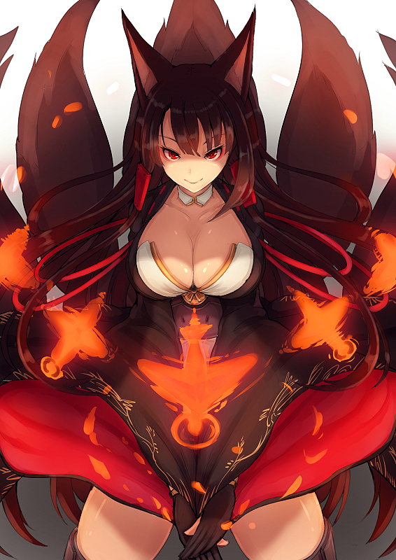 >:), 1girl, akagi_(azur_lane), animal_ears, azur_lane, black_hair, black_legwear, breasts