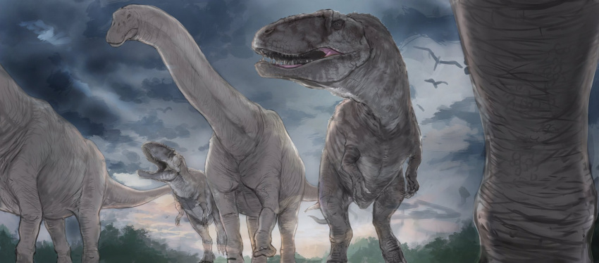 clouds, cloudy_sky, commentary_request, day, diplodocus, forest, highres, kamemaru