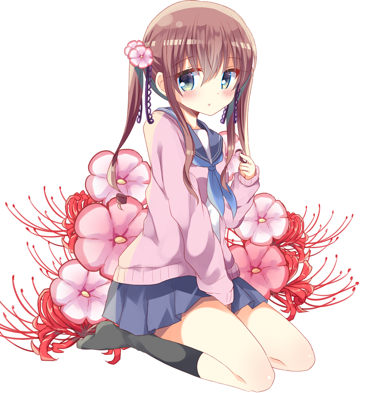 1girl, :o, bangs, between_legs, black_legwear, blue_eyes, blue_neckwear, blue_skirt