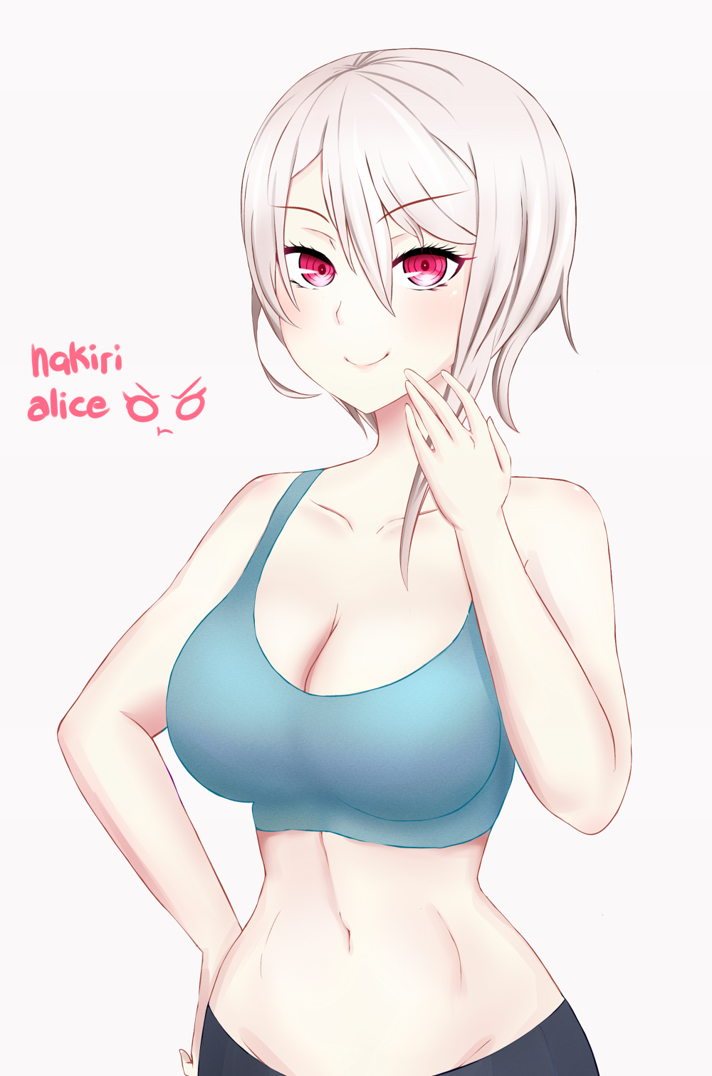 >:t, 1girl, :t, bike_shorts, breasts, cleavage, hair_between_eyes, hand_on_hip