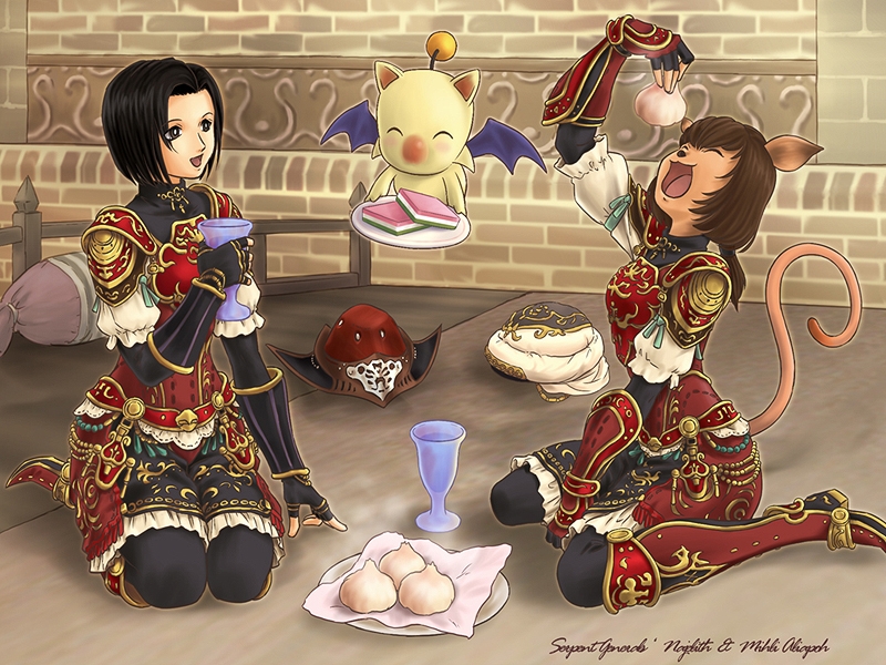 animal_ears, black_hair, brown_hair, cat_ears, final_fantasy, final_fantasy_xi, food, mihli_aliapoh