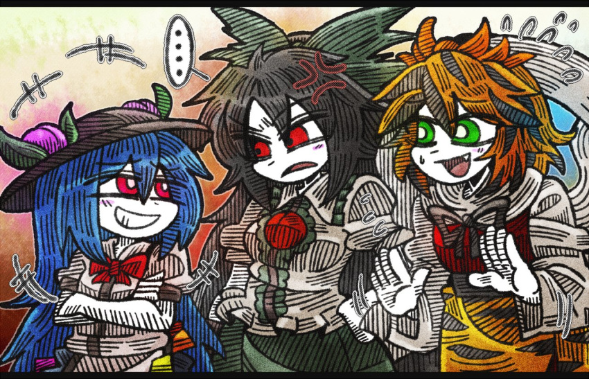 +++, ..., 3girls, :d, anger_vein, animal_print, annoyed, black_hair