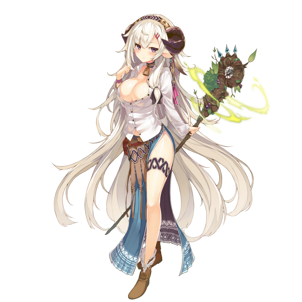 1girl, animal_ears, bell, bell_collar, black_eyes, blue_skirt, blush, breasts, brown_footwear, cleavage, closed_mouth, collar, dress_shirt, full_body, hair_ornament, hairclip, horns, large_breasts, long_hair, long_skirt, long_sleeves, looking_at_viewer, official_art, rebless, shirt, side_slit, simple_background, skirt, solo, staff, very_long_hair, white_background, white_hair, white_shirt, yuui_hutabakirage