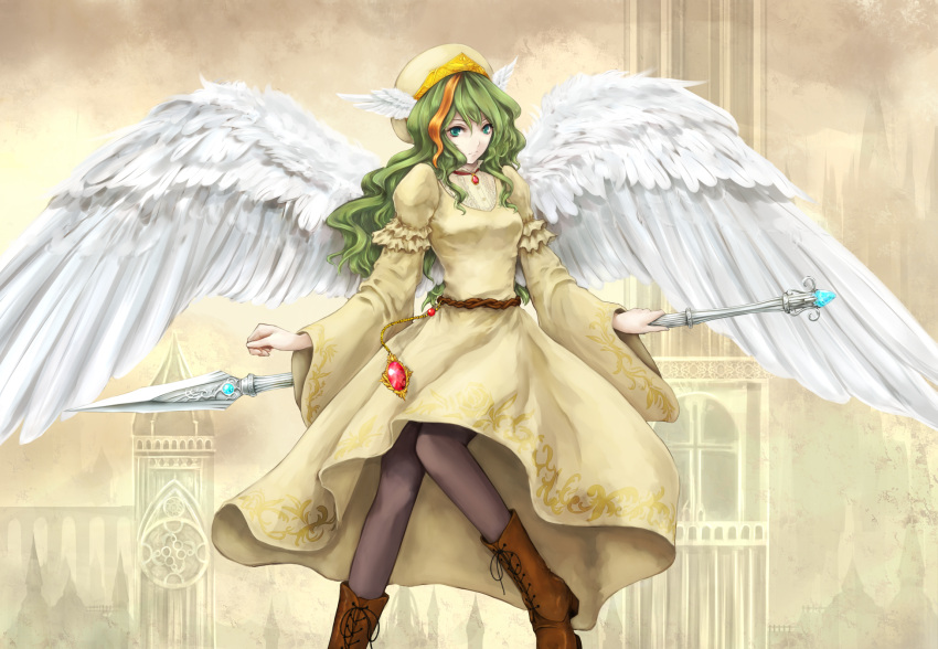 1girl, :/, angel_wings, aqua_eyes, arms_at_sides, bangs, belt, black_legwear
