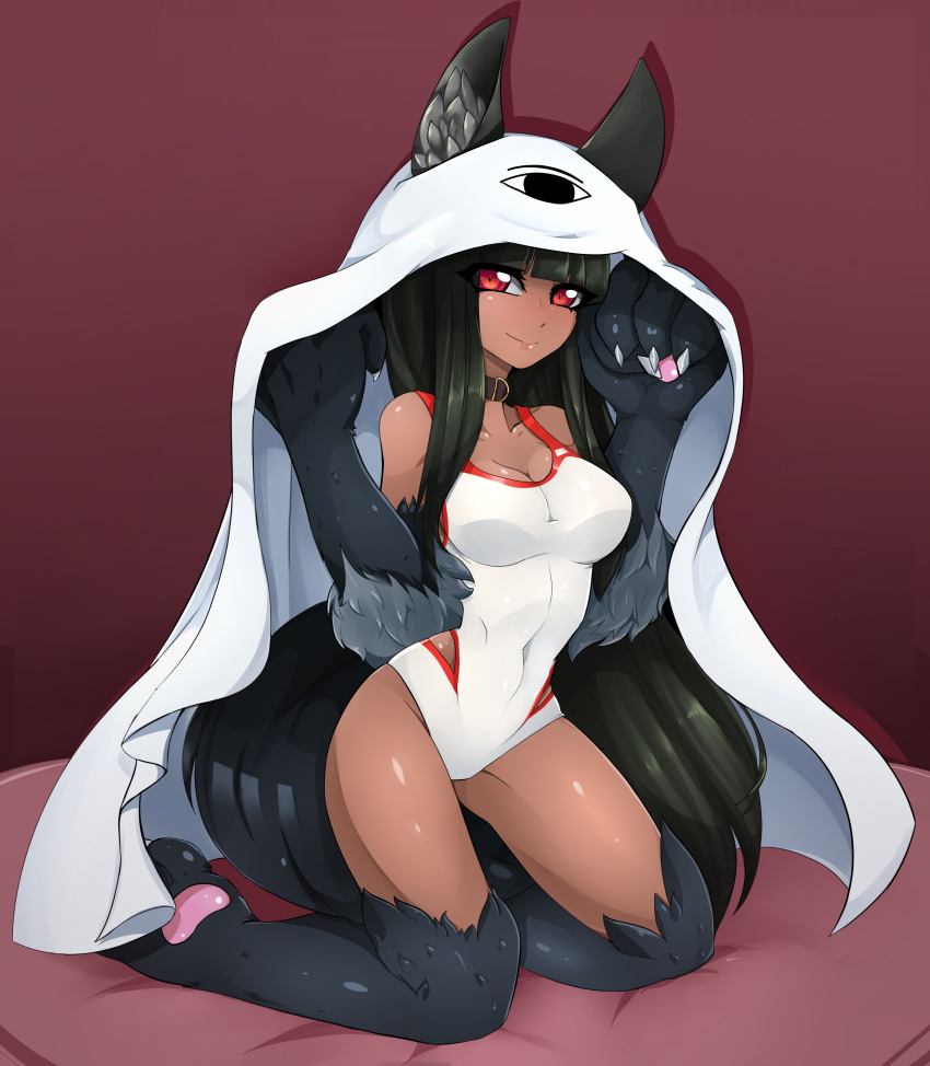 1girl, absurdres, animal_ears, anubis_(monster_girl_encyclopedia), bangs, belt_collar, black_hair, blanket