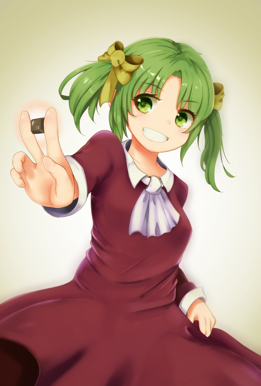 1girl, arm_at_side, ascot, bangs, between_fingers, blush, bow, breasts
