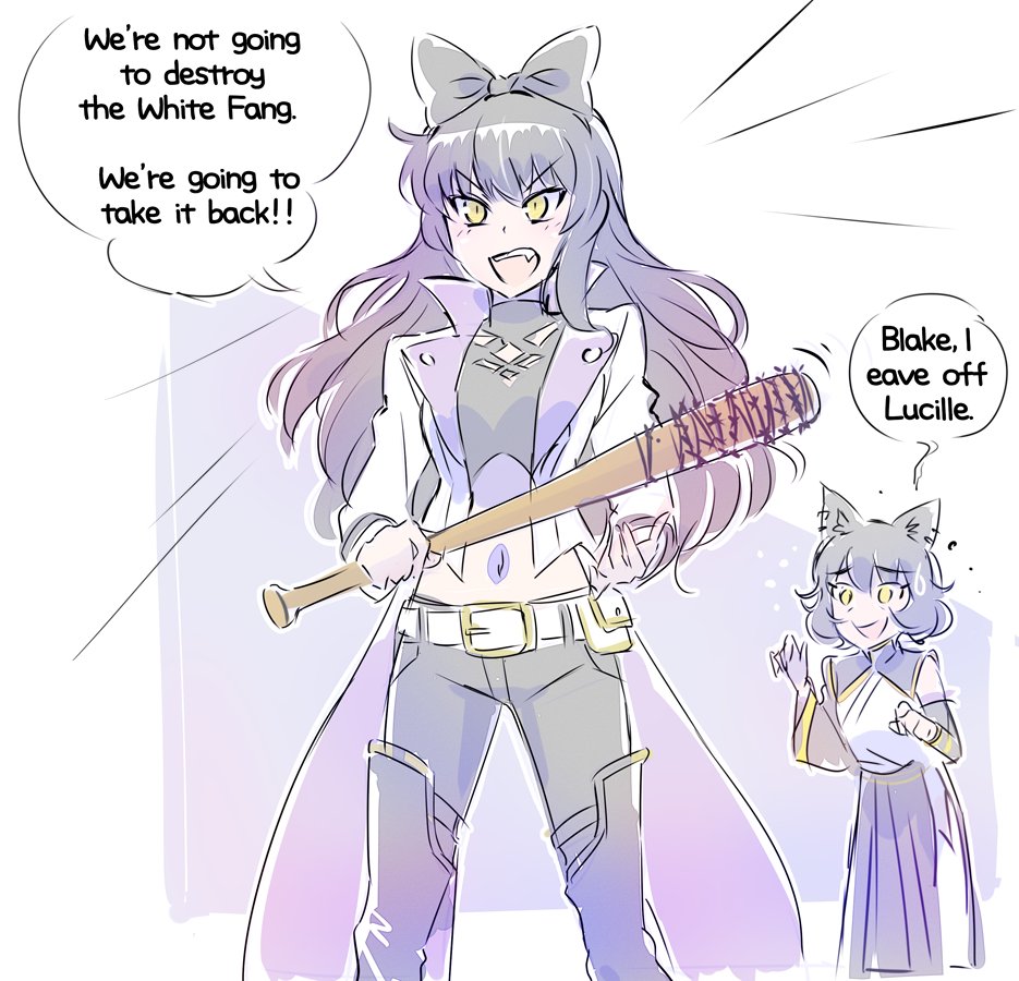 2girls, animal_ears, barbed_wire, baseball_bat, black_hair, blake_belladonna, cat_ears, commentary_request