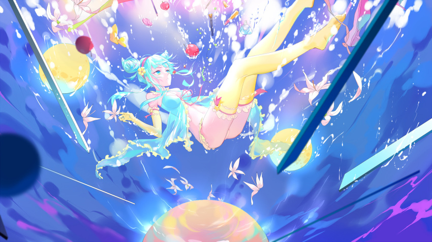 1girl, apple, aqua_eyes, aqua_hair, ass, bangs, bare_shoulders, blunt_bangs