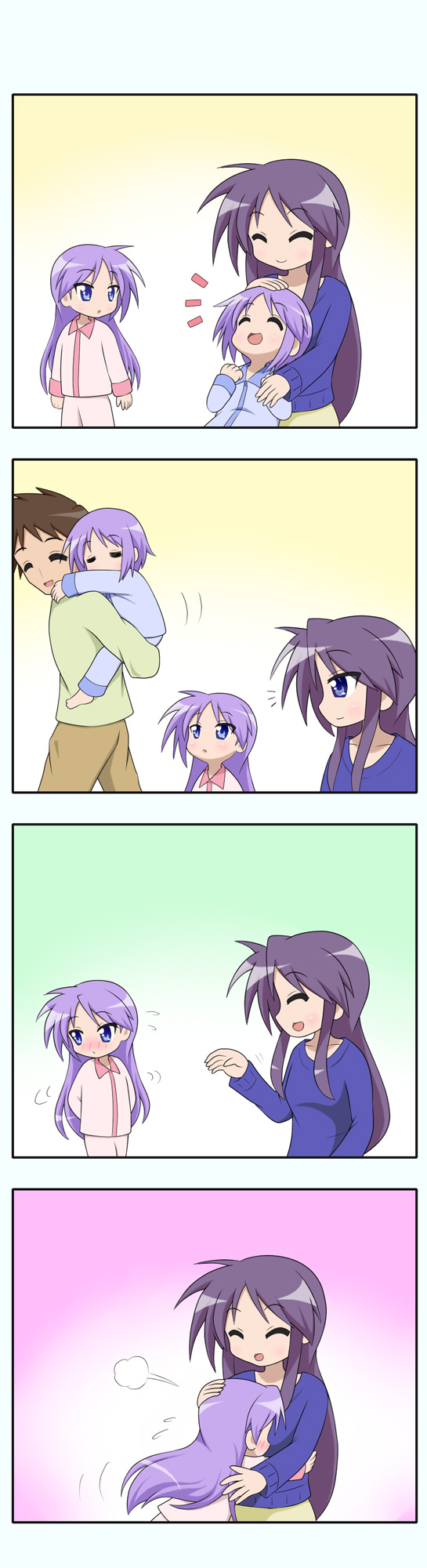 blush, child, comic, family, highres, hiiragi_kagami, hiiragi_miki, hiiragi_tadao, hiiragi_tsukasa, hug, lucky_star, pajamas, qwer, silent_comic, young