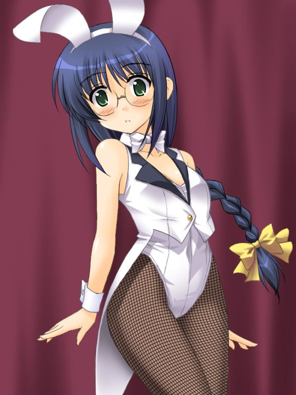 blue_hair, braid, bunny_ears, bunnysuit, fishnet_pantyhose, fishnets, glasses, green_eyes