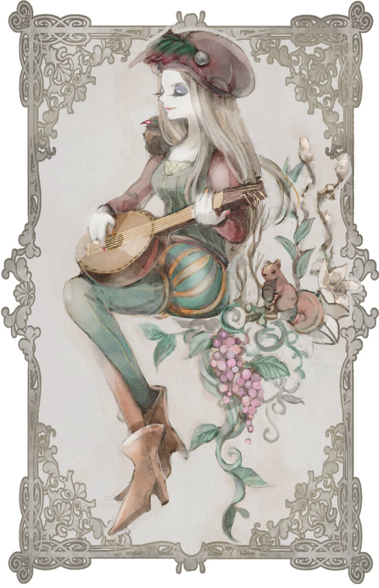 1girl, bird, blonde_hair, boots, closed_eyes, feathers, flower, food, fruit, grapes, hat, high_heel_boots, high_heels, instrument, kmitty, leaf, long_hair, makeup, nail_polish, priscilla_(the_witcher), solo, squirrel, the_witcher, the_witcher_3, white_background