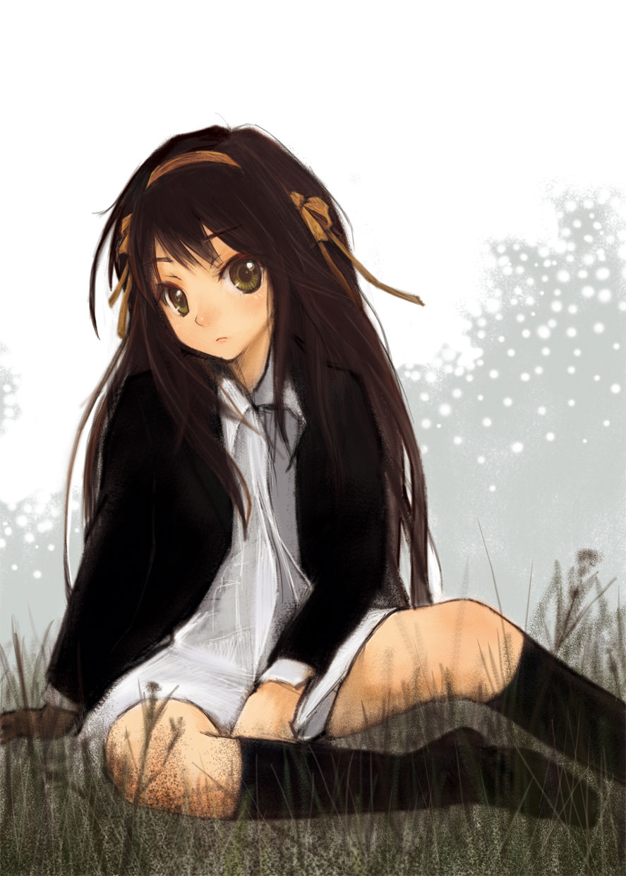 alternate_hairstyle, blazer, blush, bow, brown_hair, grass, hairband, highres