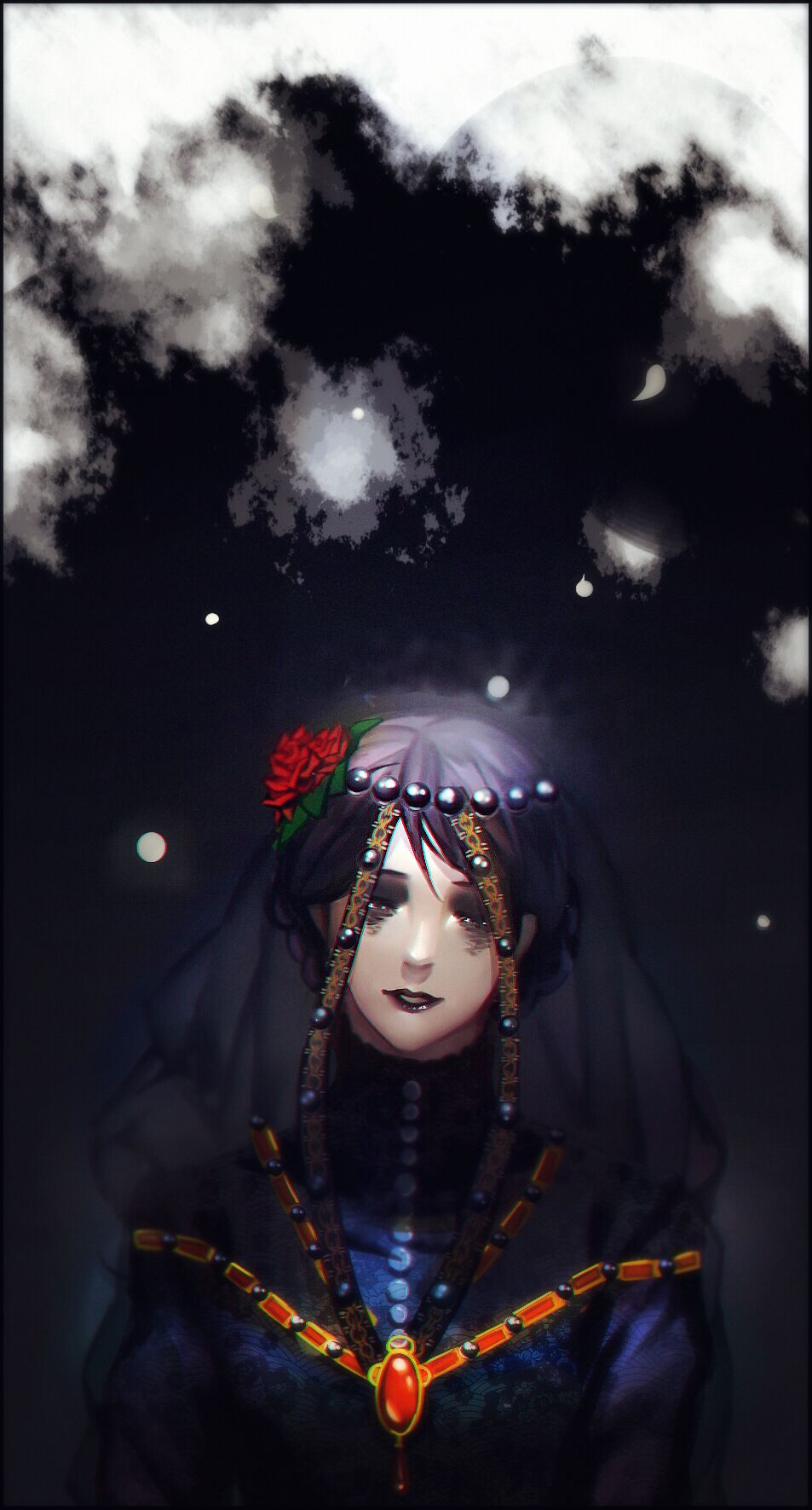 1girl, black_hair, closed_eyes, clouds, crying, flower, gem, hair_bun, hair_flower, hair_ornament, highres, iris_von_everec, jewelry, leaf, lipstick, makeup, necklace, portrait, solo, teeth, the_witcher, the_witcher_3, veil