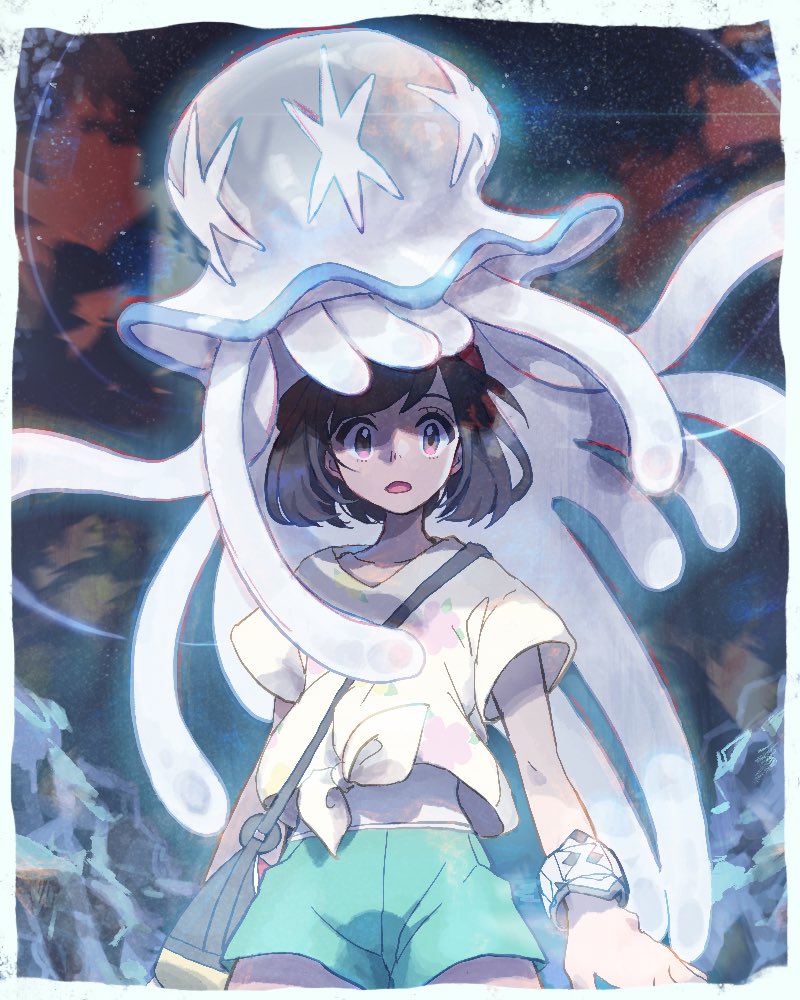 1girl, bag, black_hair, green_shorts, handbag, mizuki_(pokemon_sm), nihilego, nosutaal