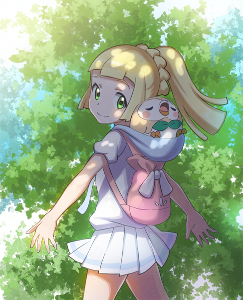1girl, backpack, bag, blonde_hair, green_eyes, hood, hood_basket, hood_down, lillie_(pokemon), long_hair, looking_back, pokemon, pokemon_(creature), pokemon_(game), pokemon_sm, ponytail, rowlet, short_sleeves, skirt, smile, white_skirt, wokami