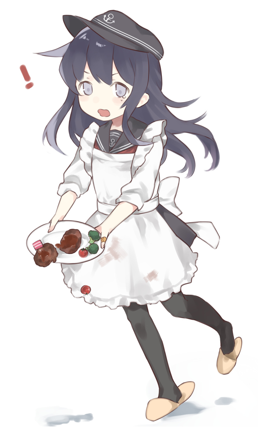 !, 1girl, absurdres, akatsuki_(kantai_collection), anchor_symbol, apron, bandaid_on_finger, bangs, beige_footwear, black_hat, black_legwear, black_skirt, blush, broccoli, commentary_request, fingernails, flag, flat_cap, frilled_apron, frills, full_body, hamburger_steak, hasegawa_(rarairairai), hat, highres, holding, holding_plate, kantai_collection, lavender_eyes, long_hair, long_sleeves, looking_at_viewer, maid_apron, okosama_lunch, open_mouth, pantyhose, plate, purple_hair, radish, school_uniform, serafuku, shirt, simple_background, skirt, slippers, solo, tears, walking, wavy_mouth, white_apron, white_background, white_shirt