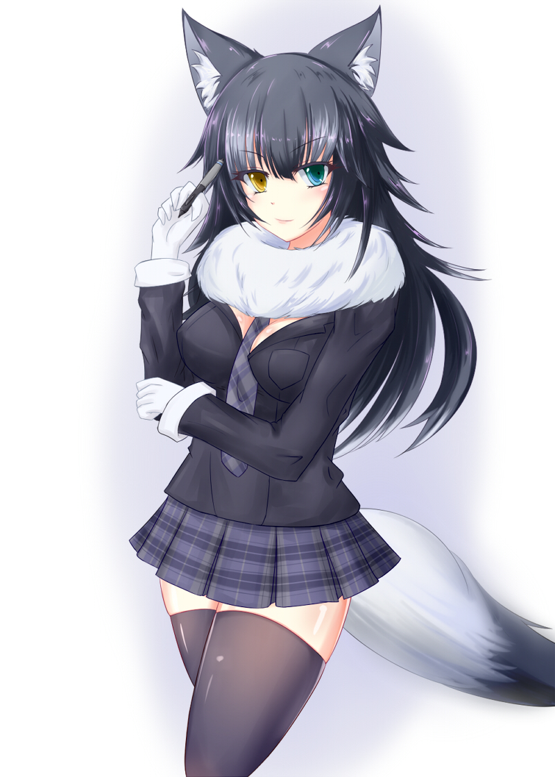 1girl, animal_ears, between_breasts, black_hair, black_legwear, blue_eyes, blush, breast_pocket