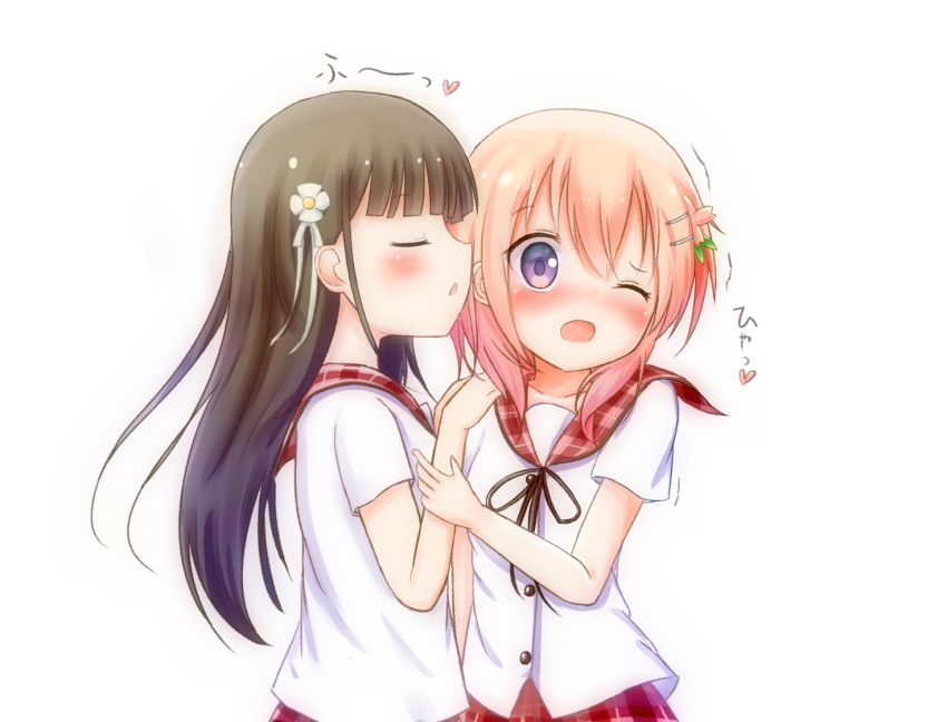 2girls, ;o, bangs, blouse, blowing_in_ear, blunt_bangs, blush, breasts