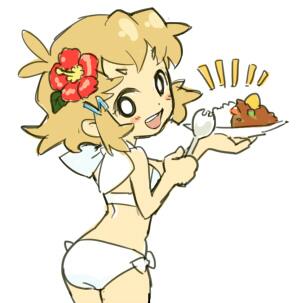 1girl, :d, ass, bikini, blush_stickers, bow_bikini, brown_hair, chibi, curry, flower, flower_request, food, fork, hair_flower, hair_ornament, hanakuso, looking_at_viewer, looking_back, lowres, o_o, open_mouth, senki_zesshou_symphogear, short_hair, simple_background, smile, solo, swimsuit, tachibana_hibiki_(symphogear), white_background, white_bikini