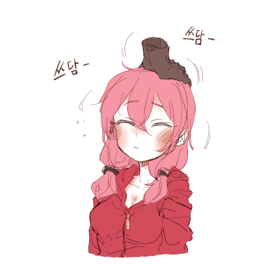 1girl, bow, breasts, cleavage, closed_eyes, disembodied_limb, hair_bow, hand_on_another's_head