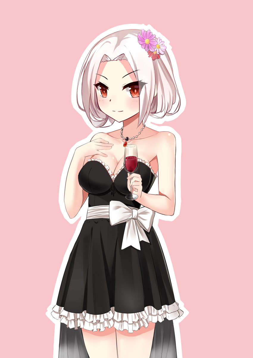1girl, absurdres, alcohol, bare_shoulders, black_dress, blush, bow, breasts