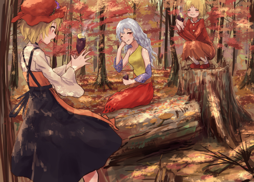 3girls, :t, aki_minoriko, aki_shizuha, autumn, autumn_leaves, bangs, blonde_hair
