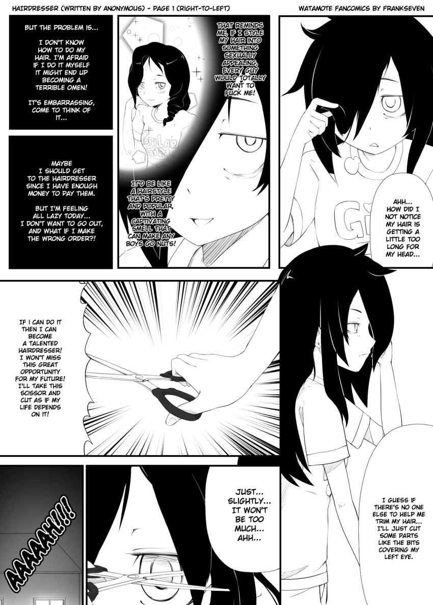 1girl, artist_name, bags_under_eyes, comic, emphasis_lines, english, frankseven, hair_over_one_eye