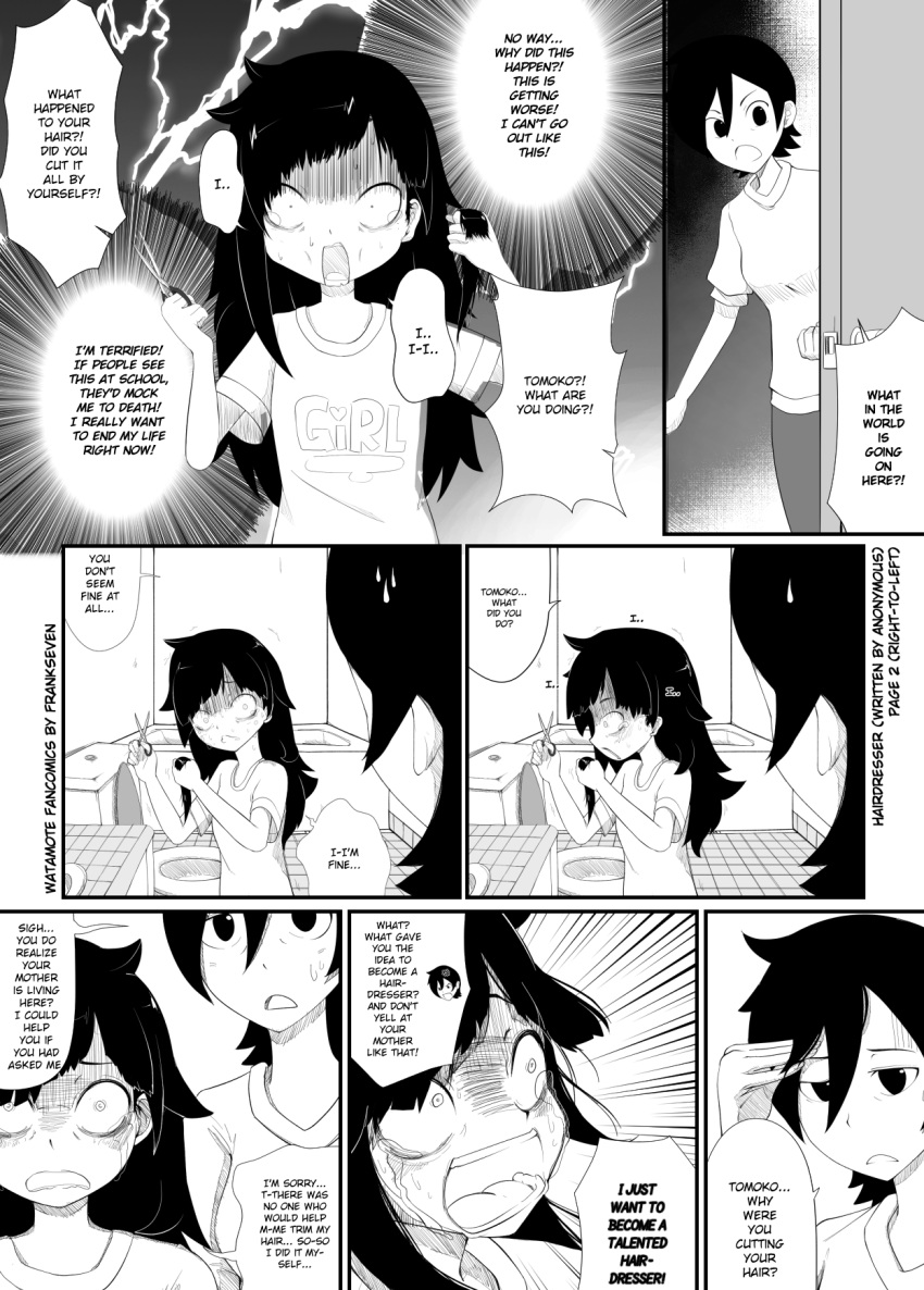 2girls, bags_under_eyes, bathroom, comic, cutting_hair, door, english, frankseven