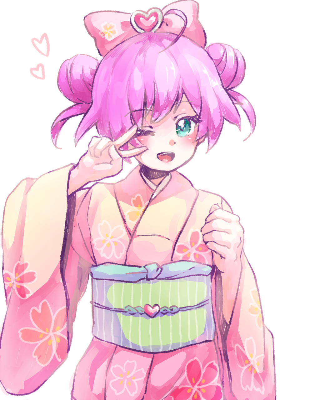 1girl, :d, aqua_eyes, bow, double_bun, floral_print, green_obi, heart