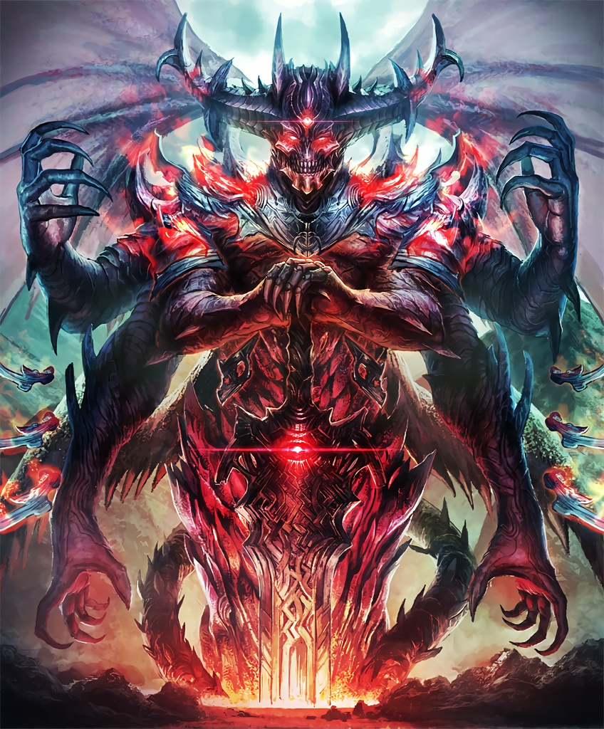 1boy, artist_request, claws, cygames, demon, demon_boy, demon_horns, demon_wings, extra_eyes, fire, floating_weapon, glowing, glowing_eyes, grin, horns, mountain, multiple_arms, official_art, red_eyes, servant_of_satan, shadowverse, shingeki_no_bahamut, smile, sword, sword_plant, teeth, weapon, wings
