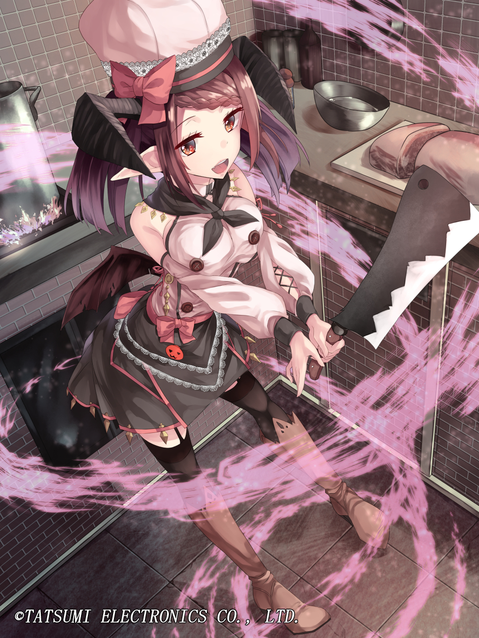 1girl, :d, apron, bare_shoulders, black_apron, black_legwear, black_neckwear, black_skirt